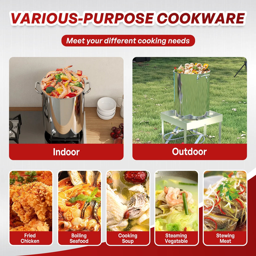Hidpriva 30QT Stainless Steel Turkey Fryer Pot w/ SS Solid Stand, 55000BTU Propane Burner Stove, Waterproof Cover&12-inch skimmer|Outdoor Deep Fryer Pot