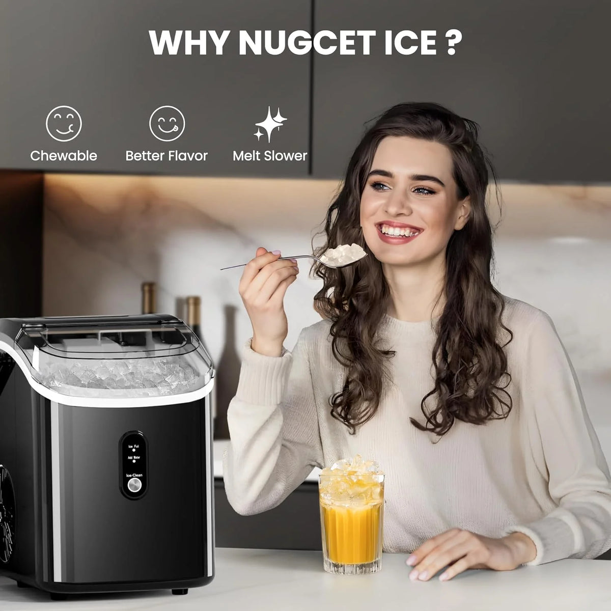 Auseo Nugget Ice Maker Countertop,  Ready in 6 Mins ,35Lbs Each  day with Self-Cleaning,Portable Sonic  Ice Machine  for Home/Office/Bar, Black