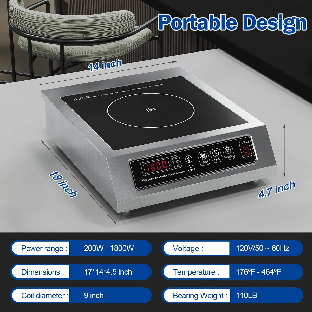 Chushifu  Induction Cooktop 1800W 85V~120V Commercial Grade Hot Plate Electric Stove Countertop Burners for Cooking Professional Heater 18-hours Timer