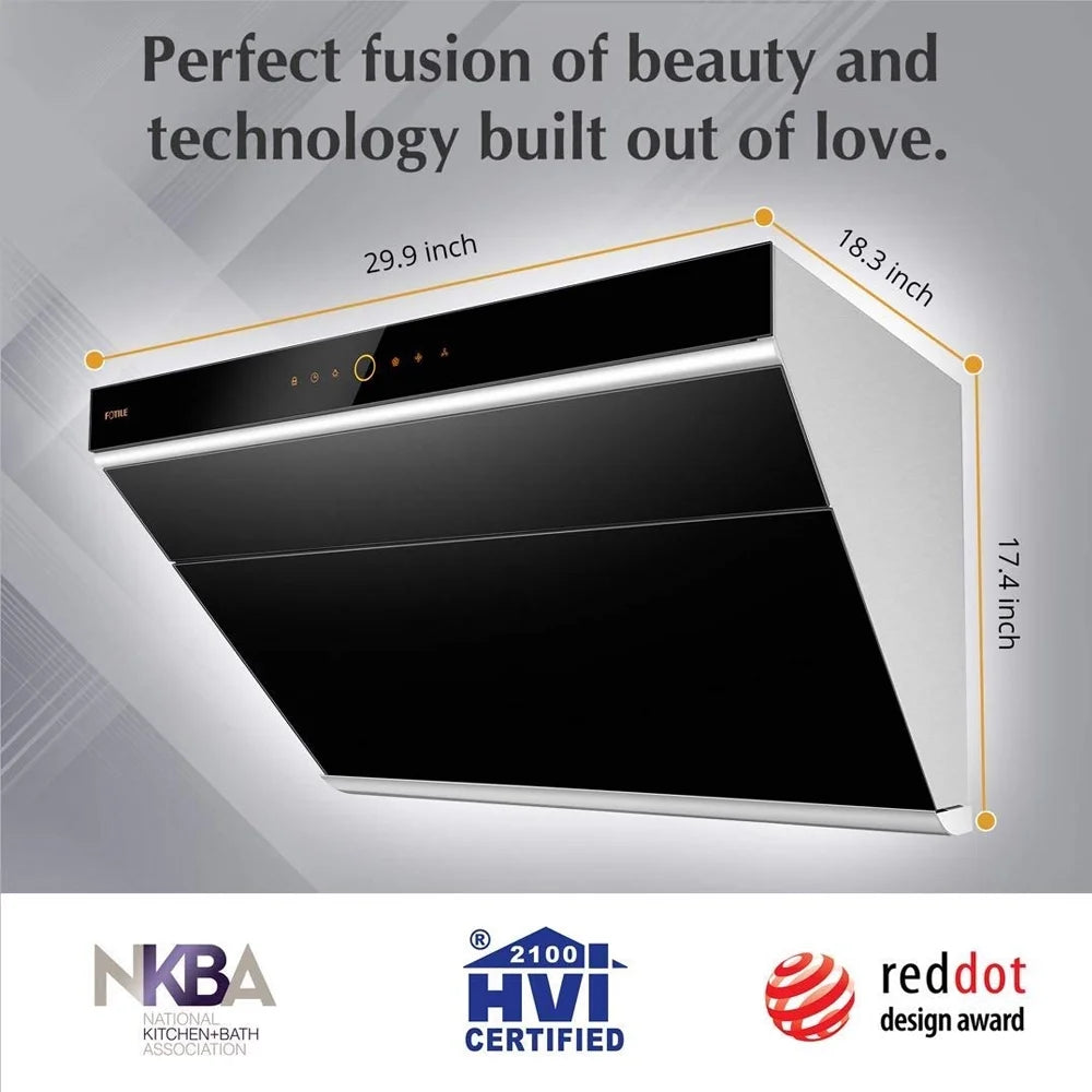 FOTILE Slant Vent Series 30" 1000 CFM Under Cabinet or Wall Mount Range Hood with 2 LED lights, Motion and Touch Activation in Onyx Black Tempered Glass