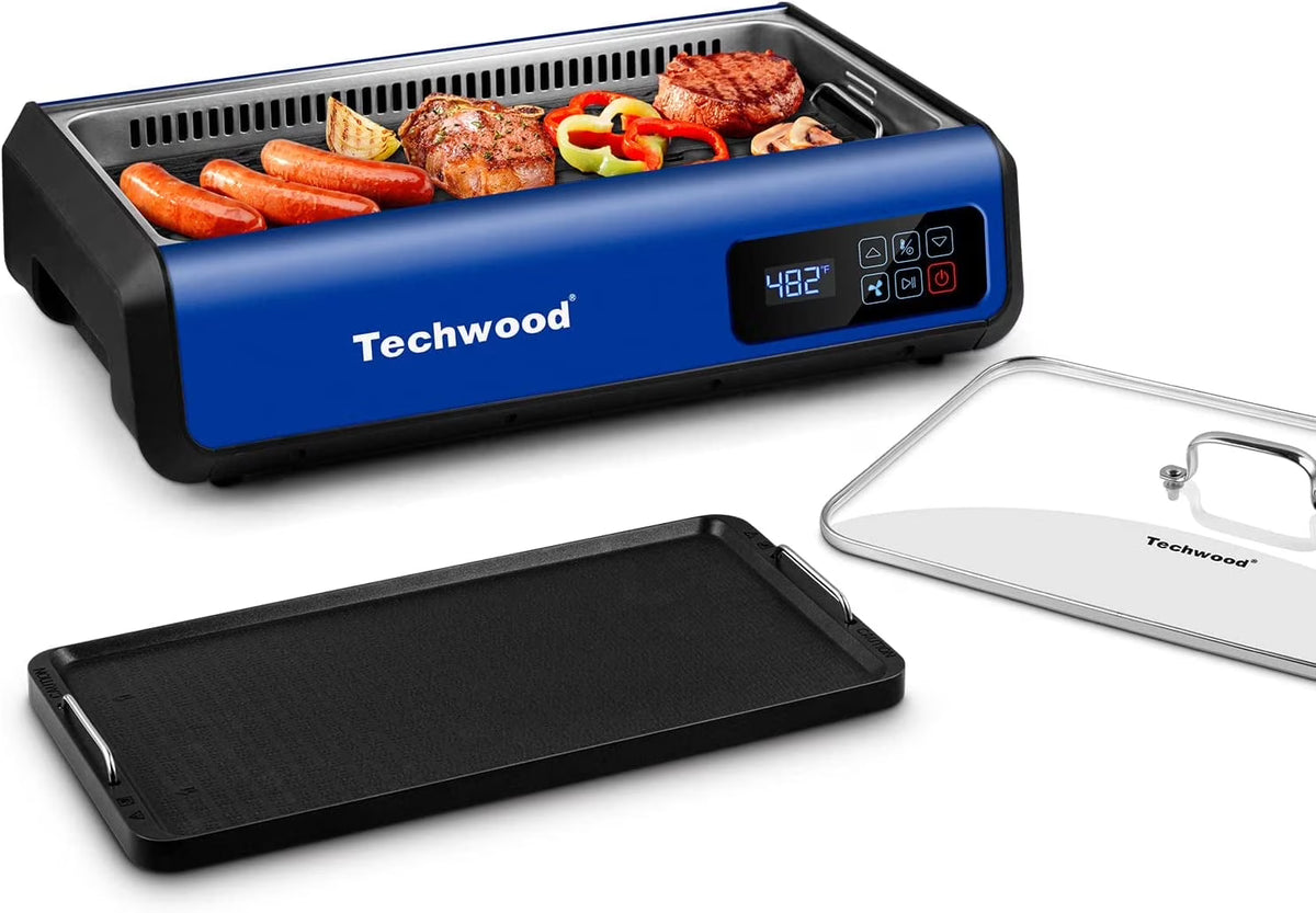 Techwood Indoor Smokeless Grill, 1500W, Black, Electric Portable Korean BBQ Grill with Tempered Glass Lid