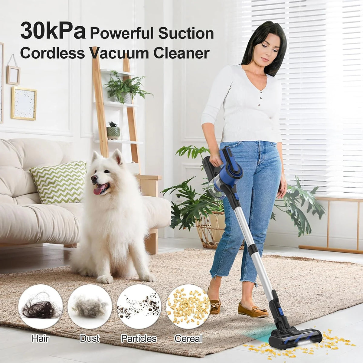 POWEART Cordless Vacuum Cleaner, 30Kpa 350W Powerful Stick Vacuum, 8 in 1 Self-Standing Rechargeable Battery Vacuum Up to 55min Runtime, Lightweight Cordless Vacuum for Pet Hair Hard Floor Carpet
