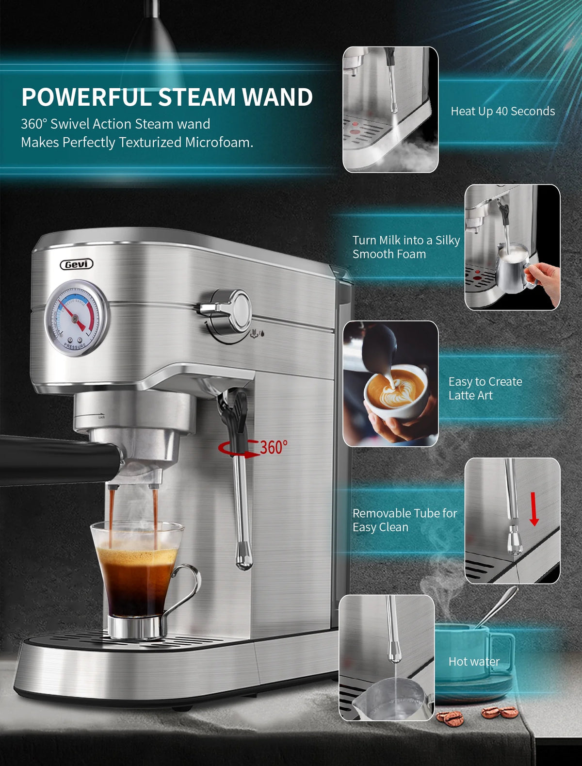 Gevi Compact Espresso Coffee Machine with Milk Steam Wand GECME418EA-U