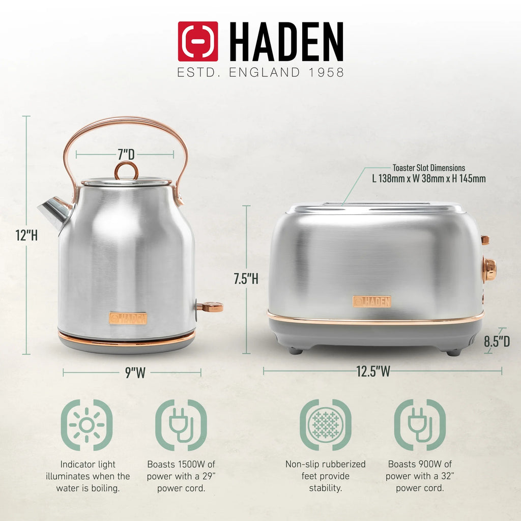 Haden Heritage 1.7 Liter Electric Kettle with 2 Slice Bread Toaster, White