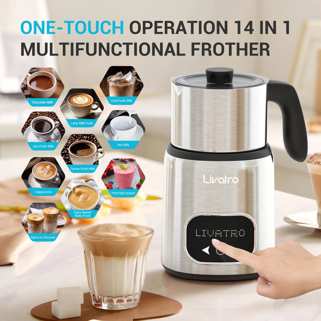 Livatro Electric Milk Frother, 14-in-1 Milk Frother | Twin Cup (20.3 oz & 13.5 oz) | Memory Function | Automatic Hot & Cold Milk Frother Heater