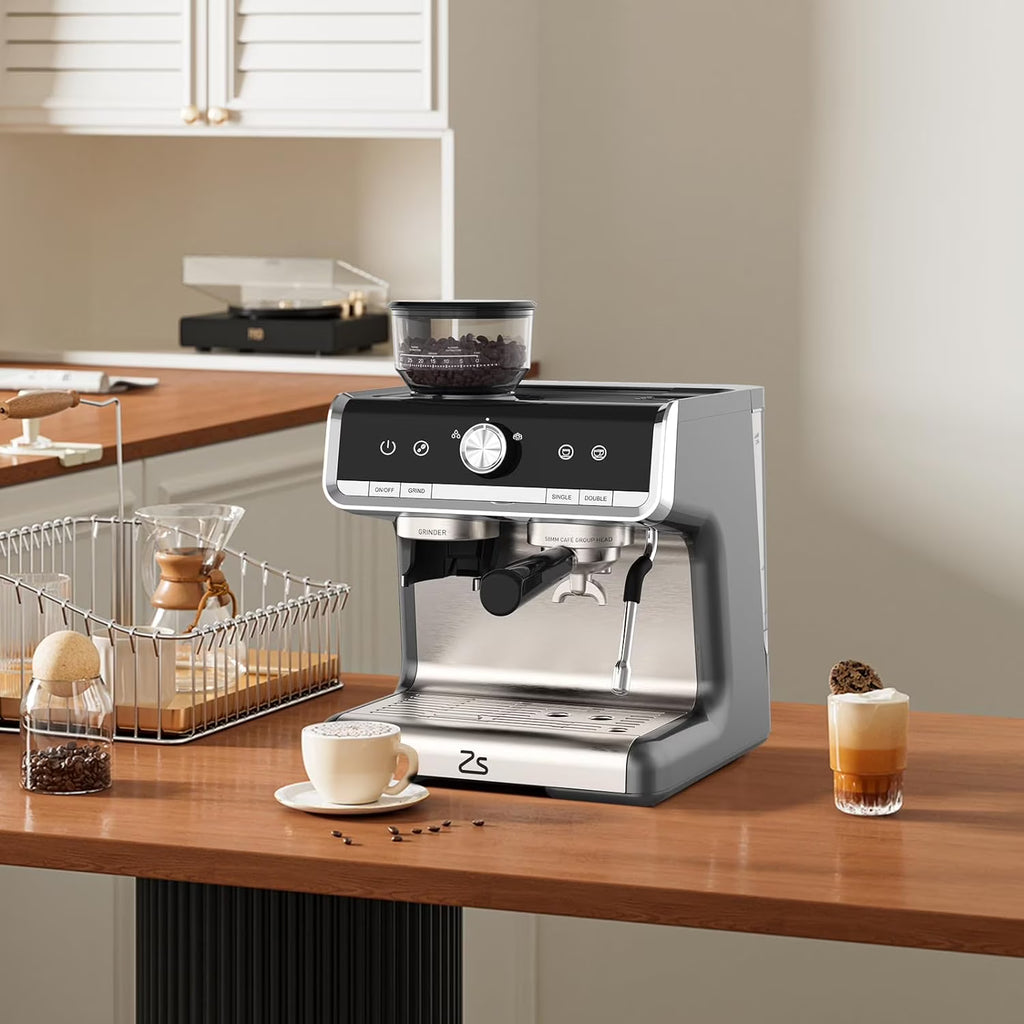 COZONY Espresso Machine 15 Bar, 2.5 L Water Tank, Semi Automatic Coffee Maker with Grinder, Milk Frother/Steam Wand, Italian Pump, All-in-One Espresso Machine, Stainless Steel, Silver