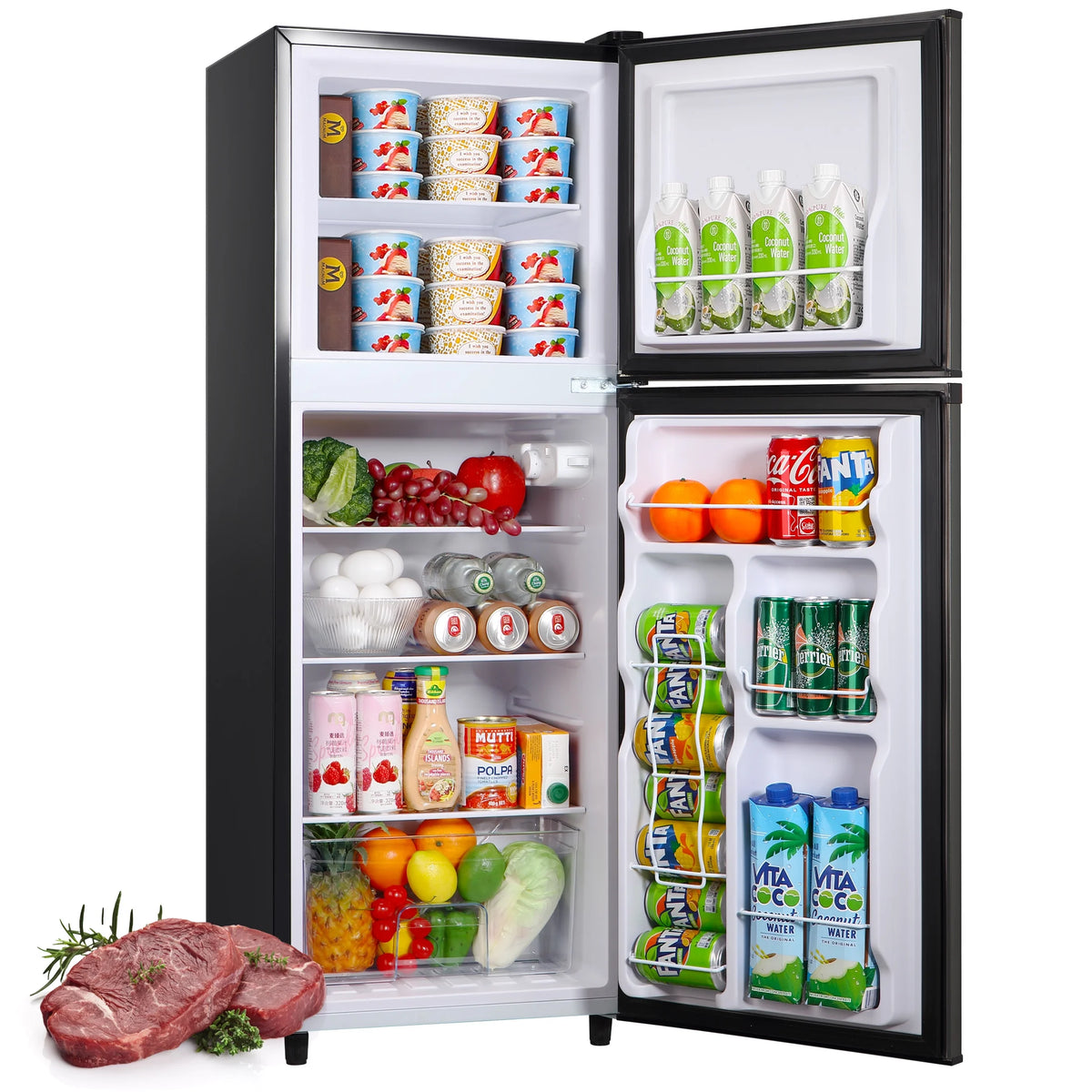 CALLIEVER 2-Door Mini Fridge with Freezer,5.0 Cu.Ft Compact Refrigerator for Dorm,Bedroom,Office�C7-Level Temp Control,Reversible Door,Black