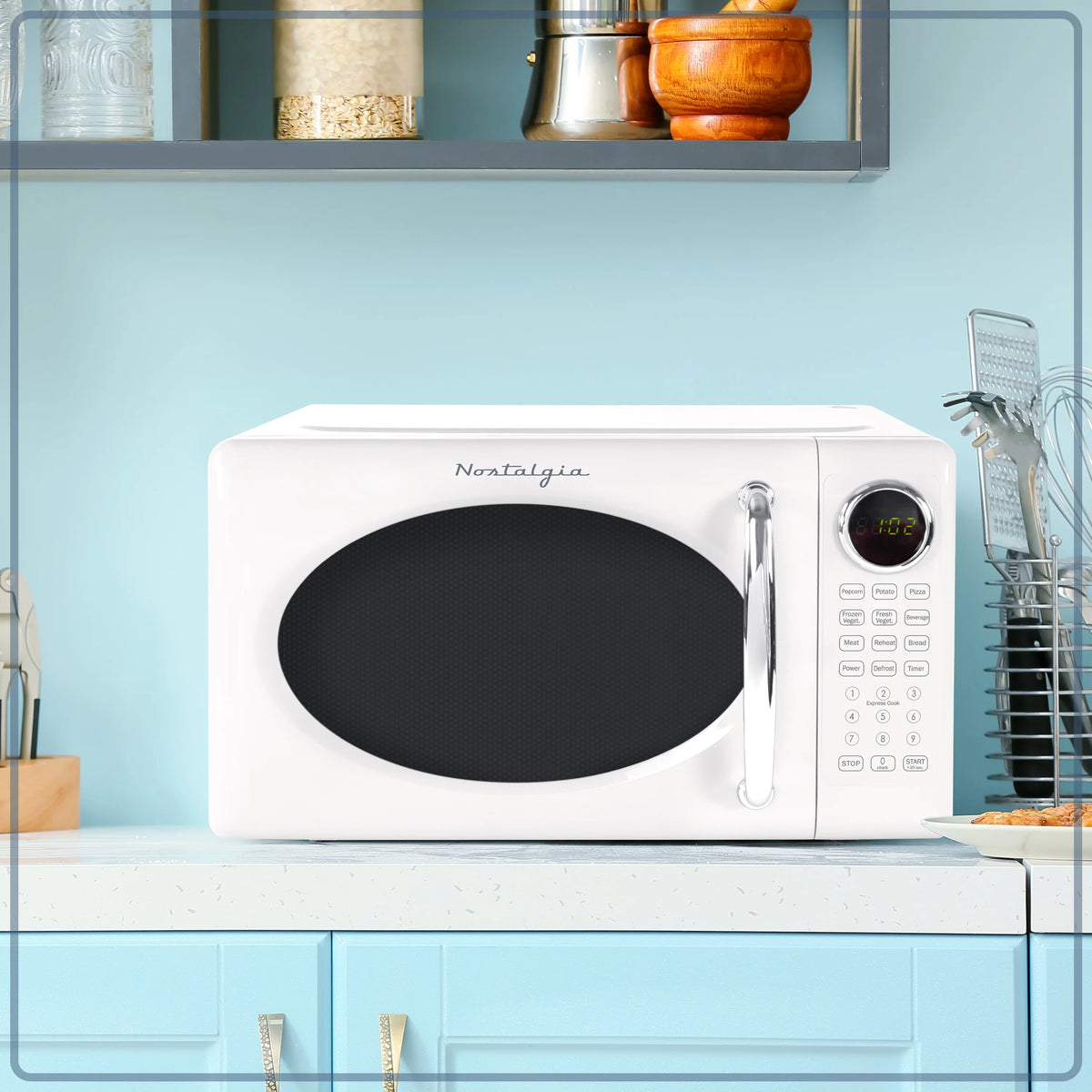 Nostalgia Retro Microwave Oven - 0.7 Cu Ft & 700-Watt Countertop Microwave with Glass Turntable, Child Safety Lock, 8 Auto-Cook Programs & Digital Clock - Aqua