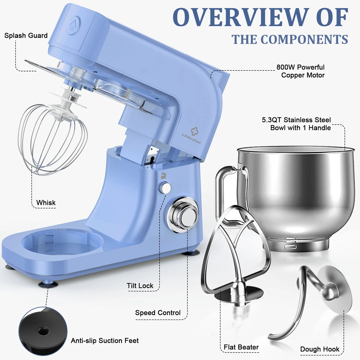 LINKChef Stand Mixer, 5.3QT 800W 6+P Speeds with Whisk, Dough Hook and Beater (White)