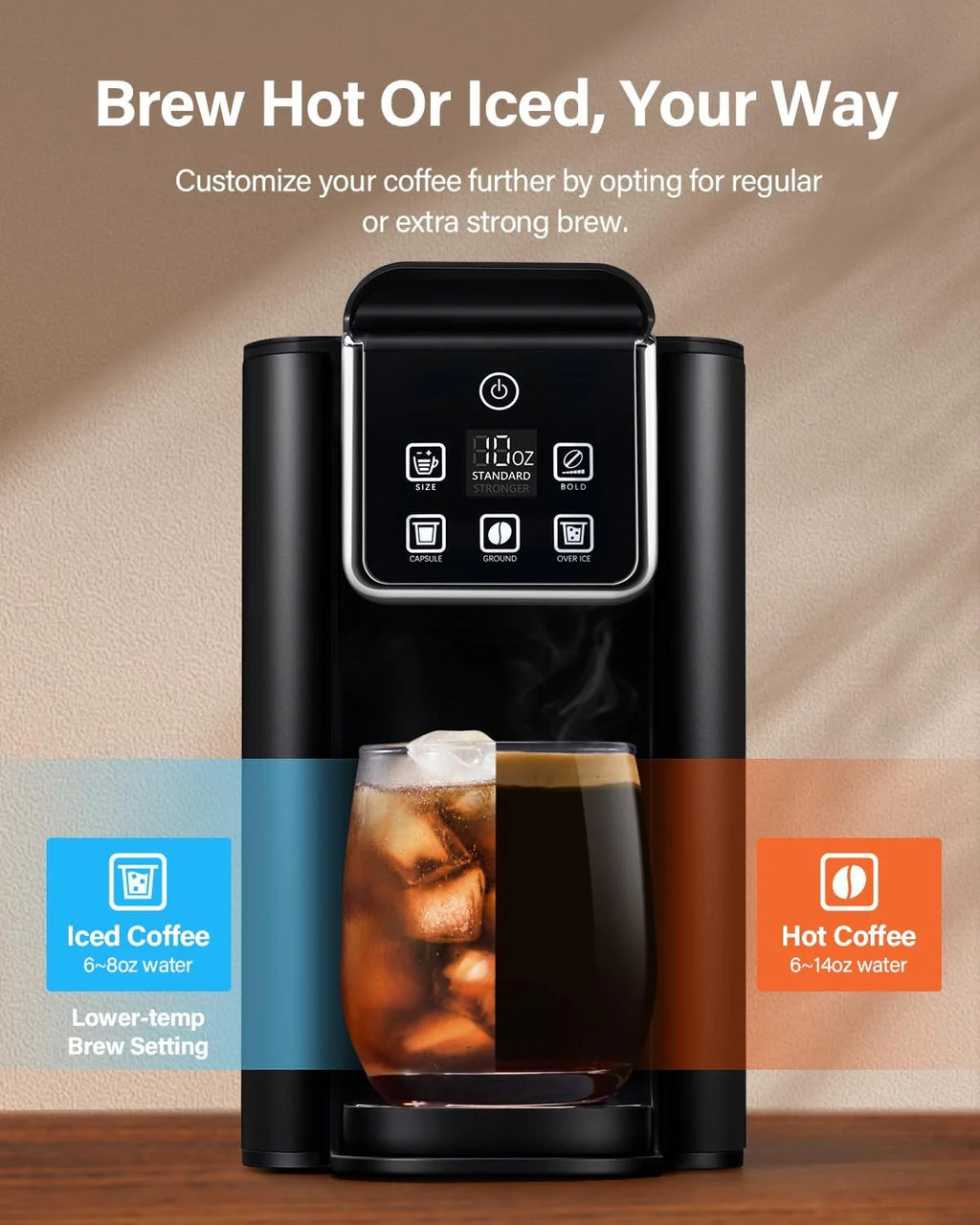 Single Serve Coffee Maker, Hot and Iced Coffee Machine for K-Cup Pods & Ground Coffee, 6 to 14 oz Brew Sizes, 50 oz Removable Water Tank, Bold Brew Setting, Stainless Steel, Black