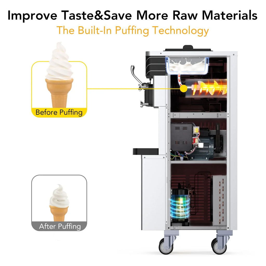 Entcook 3 Flavors Commercial Ice Cream Maker, 5.8-8 Gal/H Countertop Soft Serve Ice Cream Yogurt Machine with LCD Display