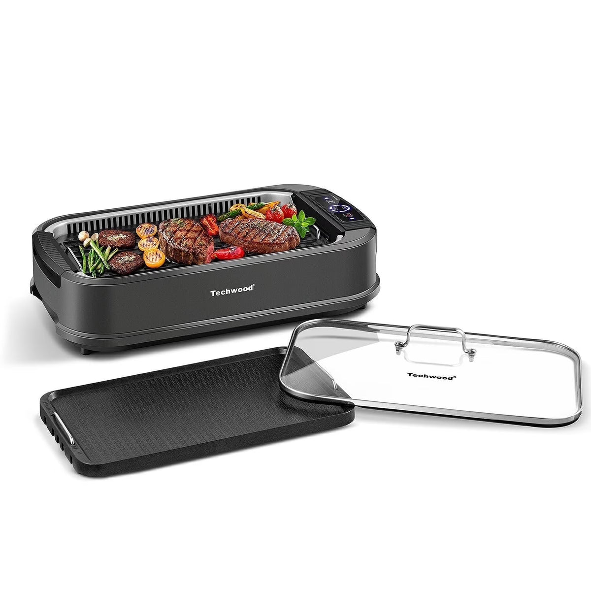 Techwood Indoor Smokeless Grill, 1500W, Black, Electric Portable Korean BBQ Grill with Tempered Glass Lid