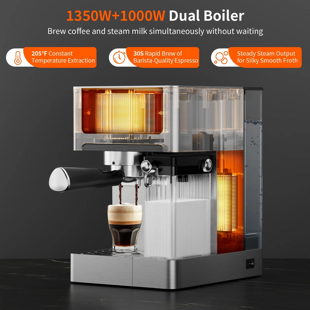 AIRMSEN Espresso Machine with Color Touchscreen, 20 Bar Cappuccino Latte Machines with Automatic Milk Frother, Dual Boiler Stainless Steel Espresso Maker for Home, 1350W