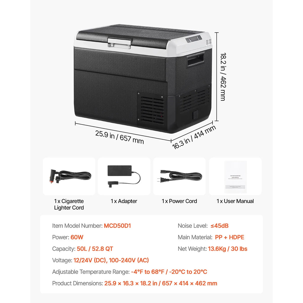 VEVOR Portable Car Refrigerator 53 Qt, 12V Portable Freezer with Single Zone, 12/24V DC & 110-240V AC Electric Cooler with -4℉-68℉Cooling Range, for Car Truck Vehicle RV Boat Outdoor & Home use