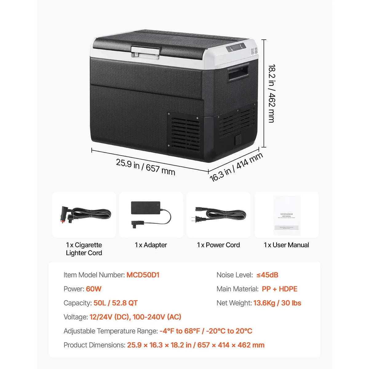 VEVOR Portable Car Refrigerator 53 Qt, 12V Portable Freezer with Single Zone, 12/24V DC & 110-240V AC Electric Cooler with -4℉-68℉Cooling Range, for Car Truck Vehicle RV Boat Outdoor & Home use