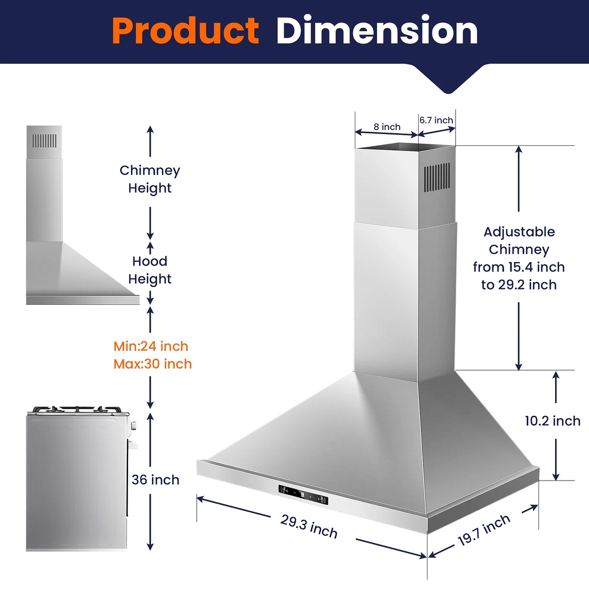 30 inch New Stainless Wall Mount Range Hood Kitchen Stove Exhaust Vent 3-Speed Fan 120V with Led Bulb