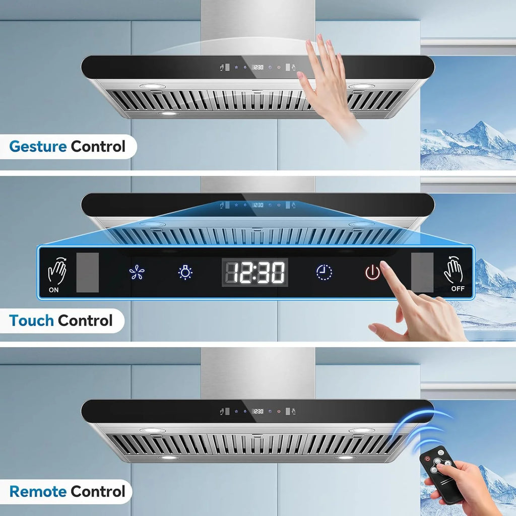 Island Range Hood 30 Inch 700 CFM kitchen Hood with Dual-Sided Touch Gesture Remote Control Ceiling Mount Convertible Ducted/Ductless 3-Speed Fan 3 Stainless Steel Baffle Filters