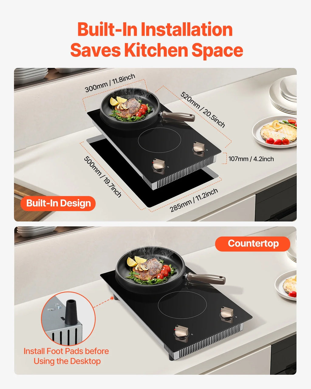 KFFKFF 2 Burner Built-in Electric Cooktop, 3500W Electric Ranges with 12 Heat Levels, Glass Top, Automatic Power-Off, Regulated by Knobs