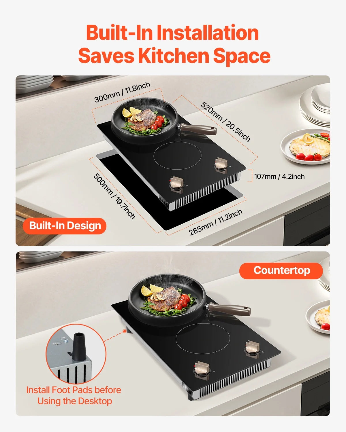 KFFKFF 2 Burner Built-in Electric Cooktop, 3500W Electric Ranges with 12 Heat Levels, Glass Top, Automatic Power-Off, Regulated by Knobs