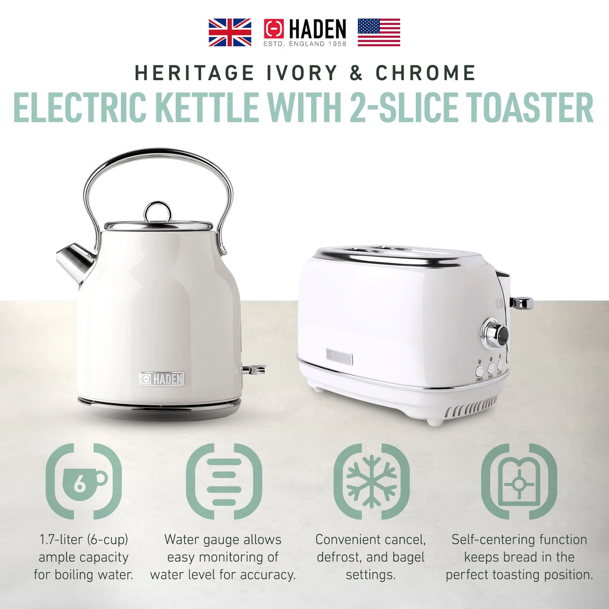 Haden Heritage 1.7 Liter Electric Kettle with 2 Slice Bread Toaster, White