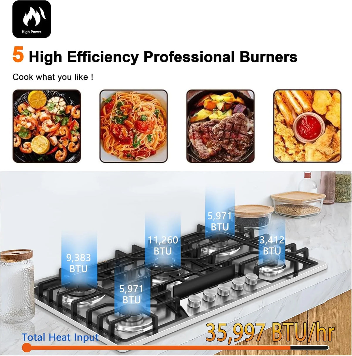 36 Inch Gas Cooktop with Griddle, 5 Burners Gas Stove Top with Reversible Cast Iron Grill/Griddle, NG/LPG Convertible, Stainless Steel Propane Cooktop with Thermocouple Protection