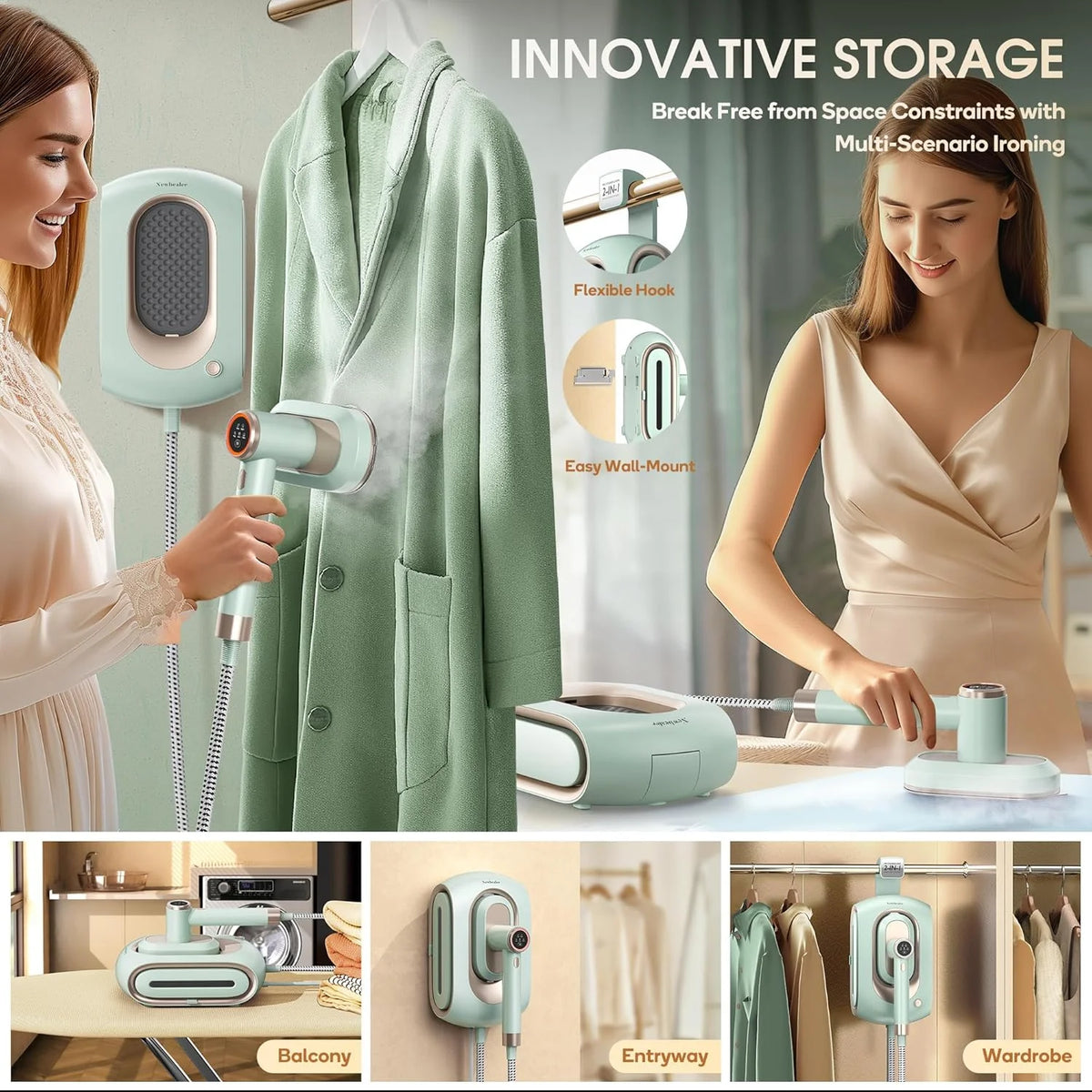 Newbealer Steamer for Clothes,2-in-1 1550W Turbocharged Garment Steamer & Iron ,3 Levels Smart Control Steaming,1.2L Detachable Tank,Auto Shut-Off,Self-Cleaning,Innovative Storage: Hang or Wall Mount