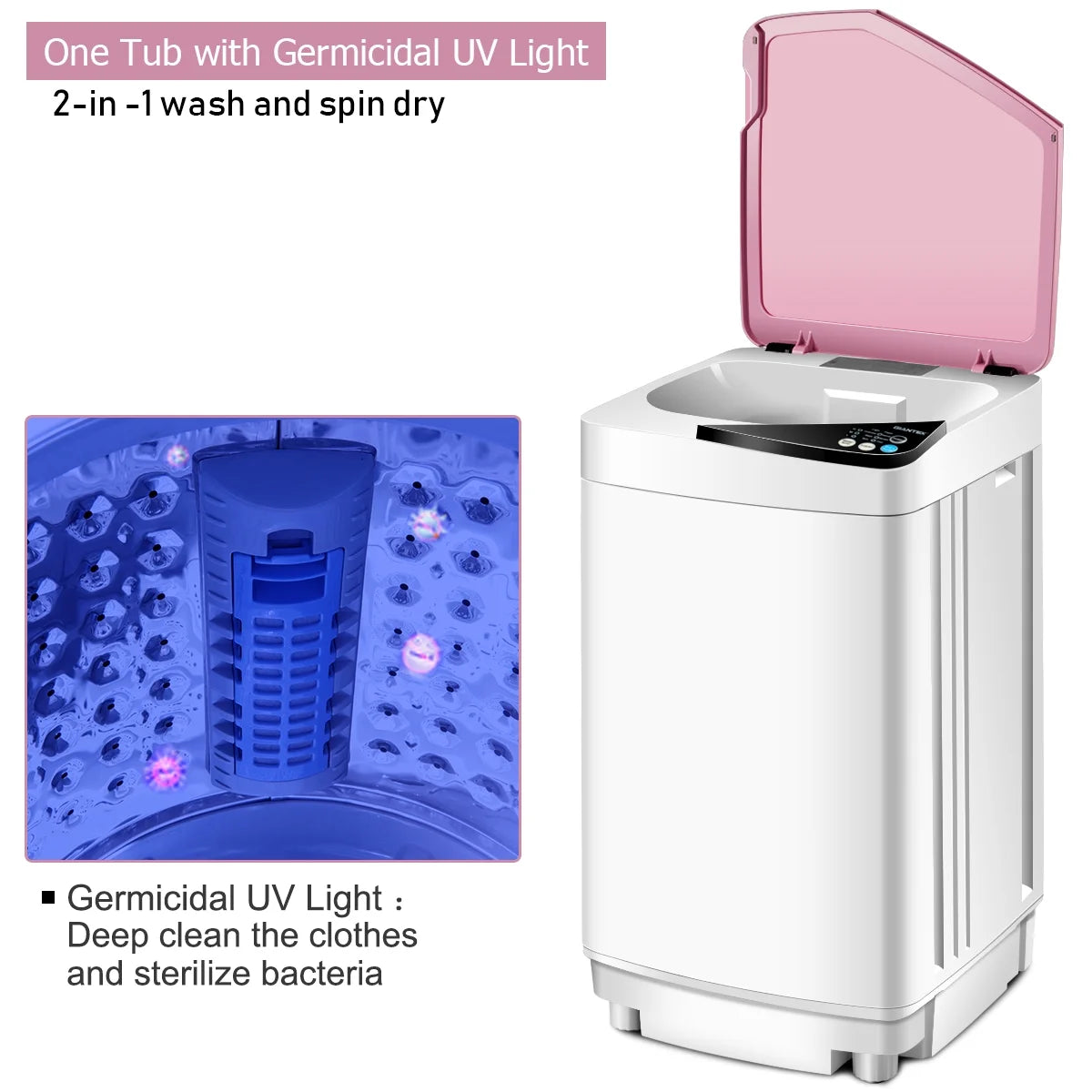 Full-Automatic Washing Machine 7.7 lbs Washer/Spinner Germicidal UV Light Pink