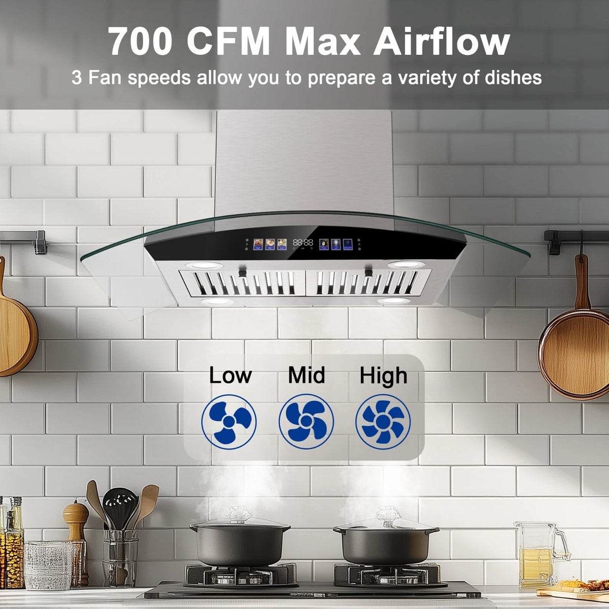 30 inch Range Hood 700 CFM Island Mount Range Hood Ceiling Mount Kitchen Vent Hood Touch Control Gesture Sensing