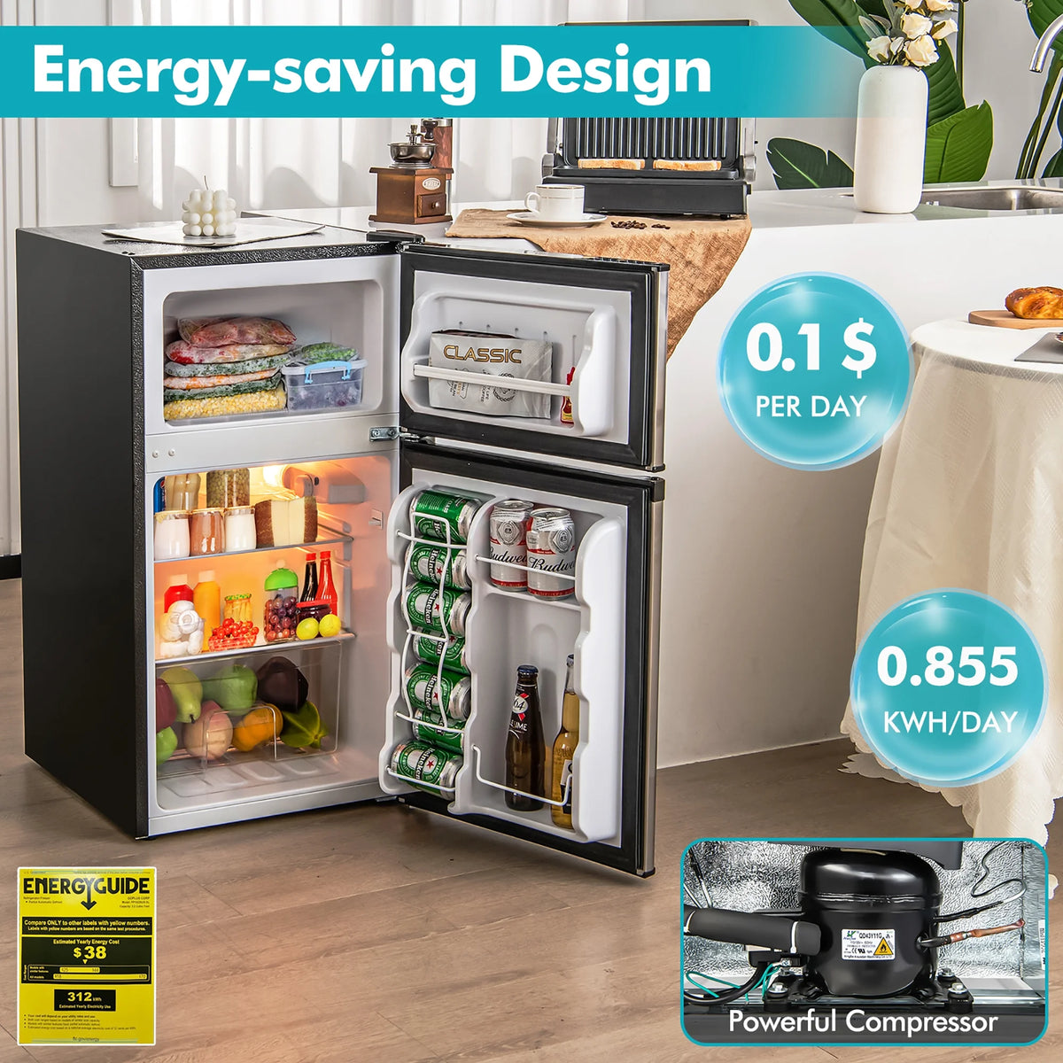 Costway FP10226US-SL Mini Refrigerator with Freezer Compact, Black and Silver, 19'' x 18'' x 33''