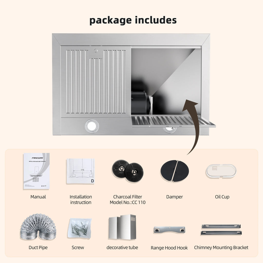 FIREGAS Range Hood 30 Inch, Stainless Steel Wall Mount Kitchen Hood with 3 Speed Exhaust Fan, Ducted/Ductless Convertible, Touch Control, Stove Vent Hood with 5-Layer Aluminium and Charcoal Filters