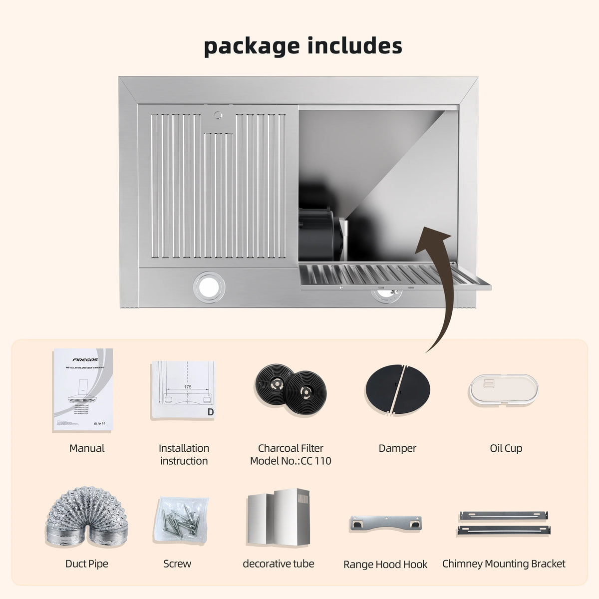 FIREGAS Range Hood 30 Inch, Stainless Steel Wall Mount Kitchen Hood with 3 Speed Exhaust Fan, Ducted/Ductless Convertible, Touch Control, Stove Vent Hood with 5-Layer Aluminium and Charcoal Filters