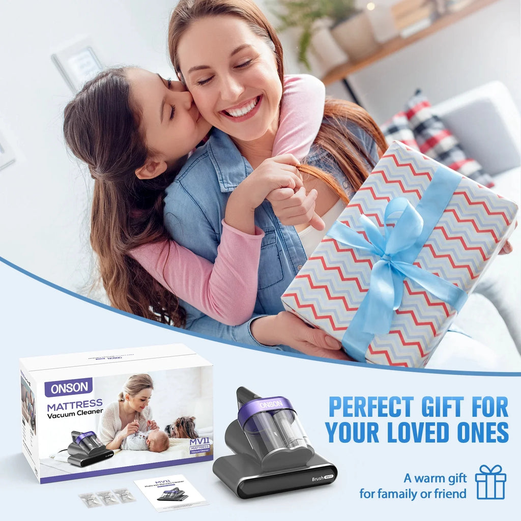 ONSON 16Kpa Powerful Mattress Vacuum Cleaner with 3 Filters, 2 Speed Deep Sofa Vacuum Cleaner with Purple Light, Cordless Vacuum for Mattress, Bed