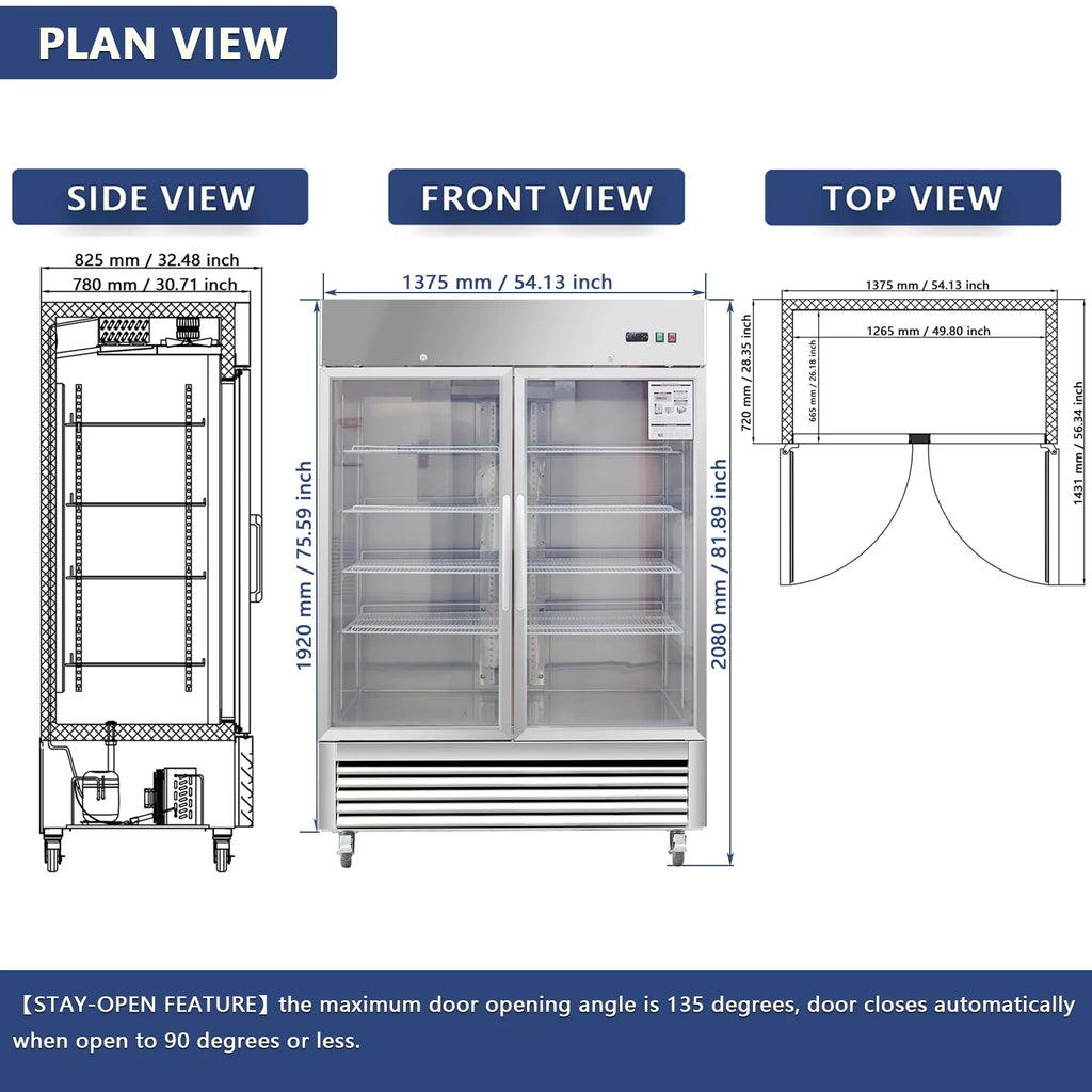 54"W Commercial Refrigerator 2 Glass Door Stainless Steel Interior and Exterior Construction Display Refrigerator 42.2 Cu.ft. Reach-in Merchandising Refrigerator Upright Fan Cooling Merchandiser