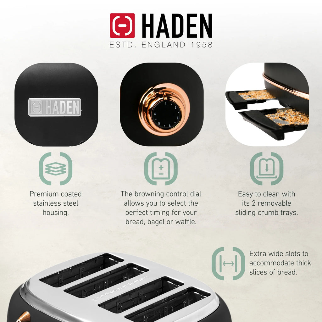 Haden Heritage 1500 1.7 Electric Kettle, Matte Black Finish with Copper Accents