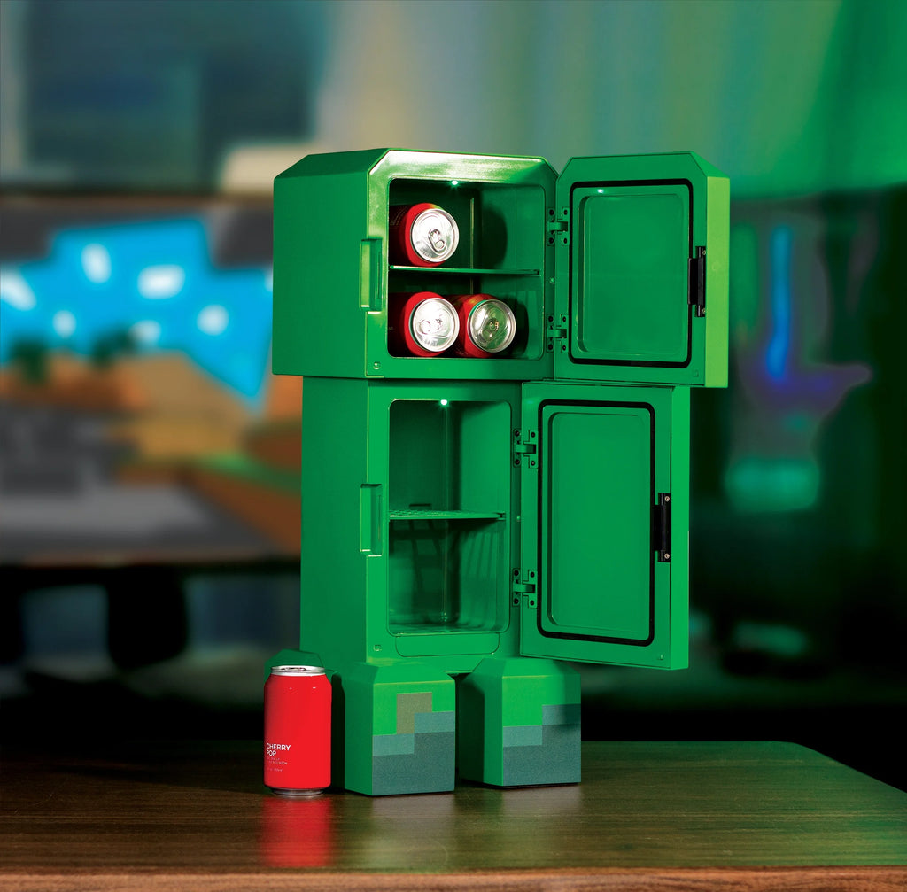 Minecraft Creeper Mini Fridge 2 Door, 8L, Green, 25.2" H 9.5" W 9.1" D
