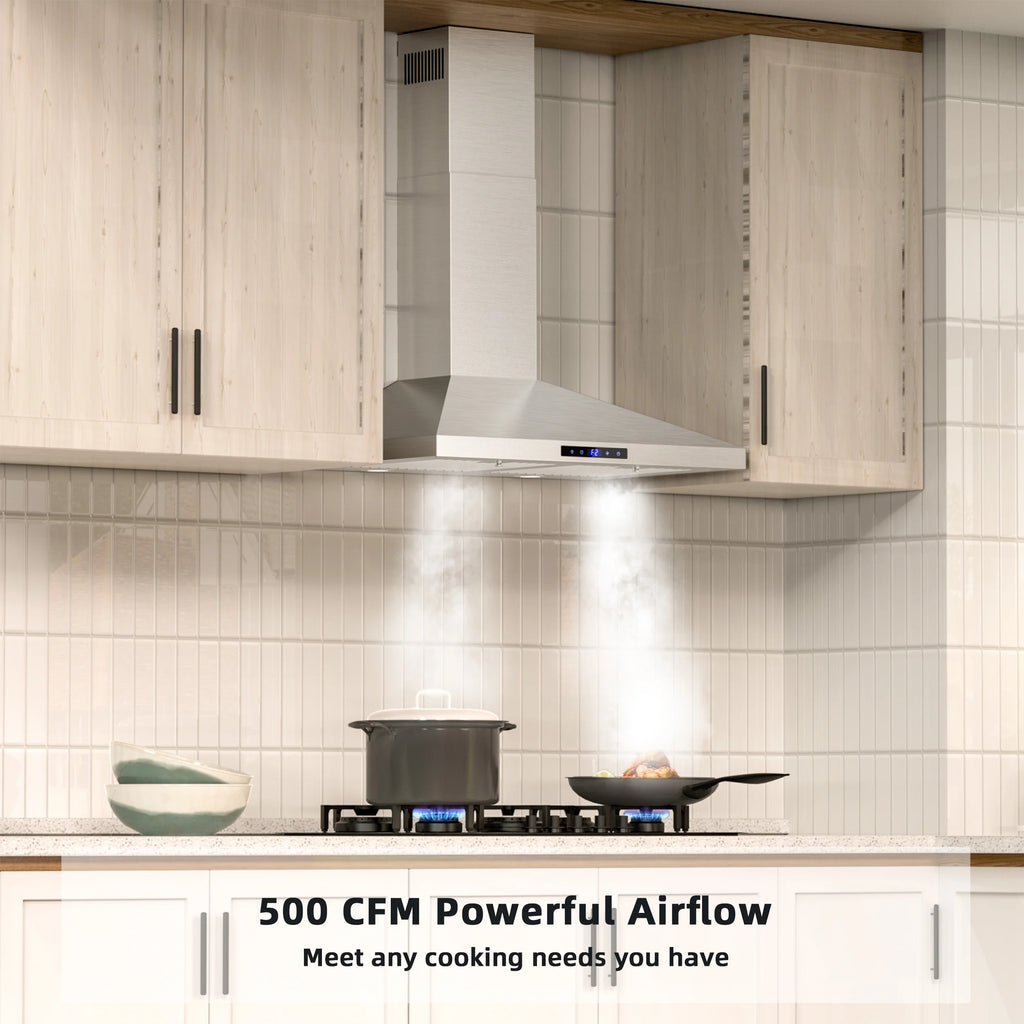 FIREGAS Range Hood 30 Inch, Stainless Steel Wall Mount Kitchen Hood with 3 Speed Exhaust Fan, Ducted/Ductless Convertible, Touch Control, Stove Vent Hood with 5-Layer Aluminium and Charcoal Filters