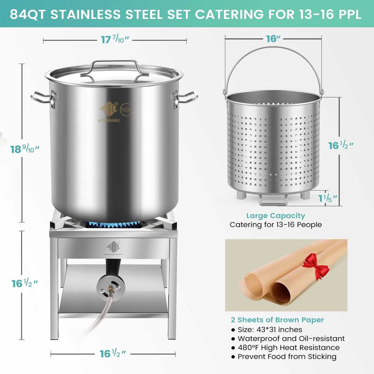 84QT Stainless Steel Seafood Boil Pot with 200,000BTU Propane Burner, w/Basket for Outdoor Deep Fryer, Large Cooking Pot for Turkey Fryer, Crab, Crawfish, Shrimp, Lobster Boiling Stock Pot