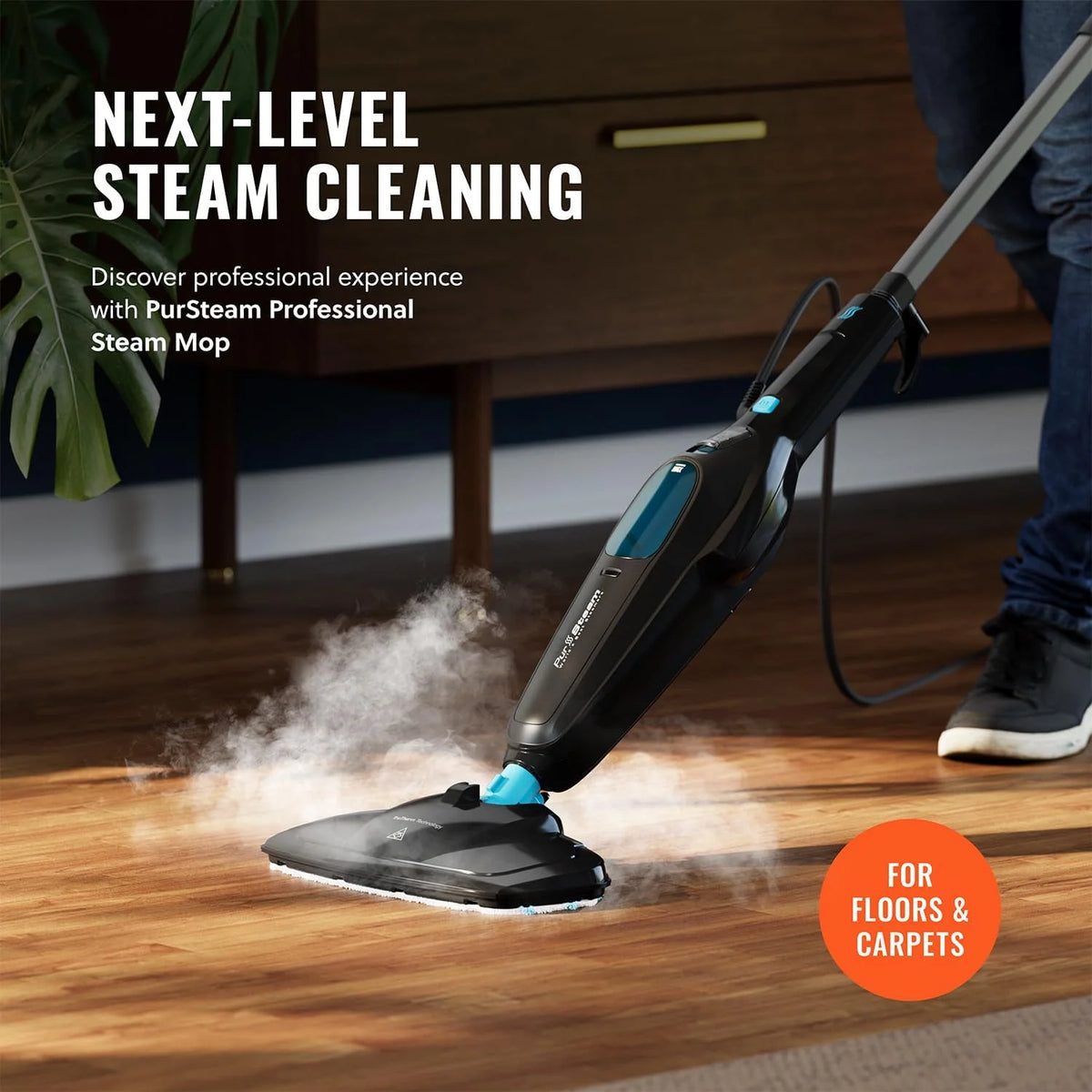 Pursteam ScrubMaster Steam Mop with Dual Scrubbing Head, LED Headlights, Adjustable Steam Control, Anti-Slip Swivel Head, Cable Holder & Upright Lock