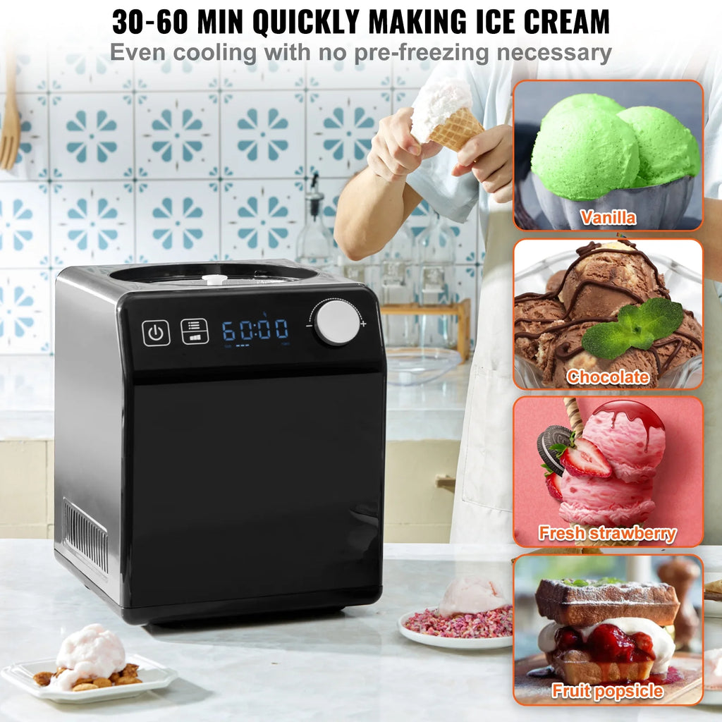 KFFKFF Vertical Ice Cream Machine with Integrated Compressor, 2 Quart Instant Fruit Yogurt Device, Stainless Steel Electronic Sorbet Creator, 4 Function Gelato Producer with Digital Screen & Timer