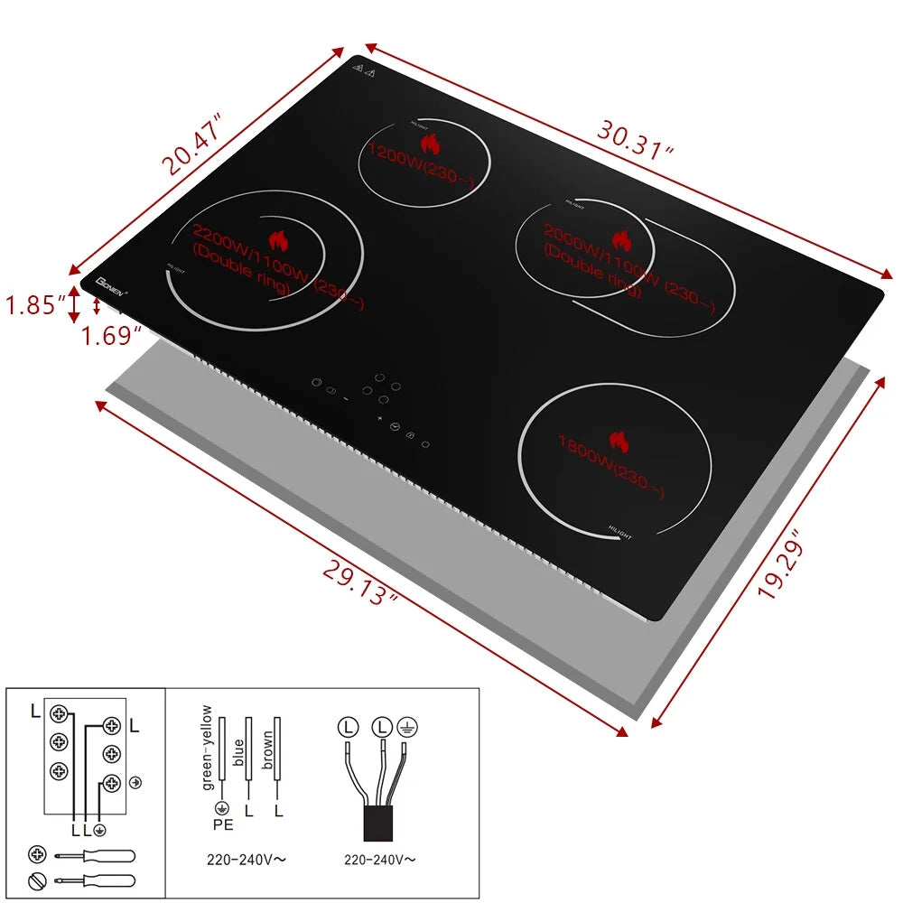 GIONIEN Electric Cooktop 30 Inch Ceramic Cooktop 4 Burners, 220V~240V Flexi Zone