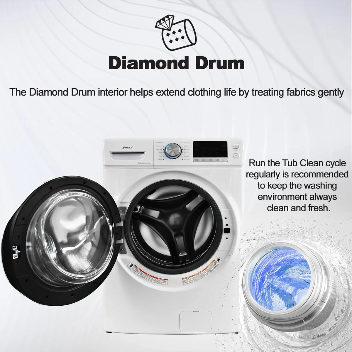 Smad 27 in 120V 4.5 Cu ft Front Load Quick Washing Machine, Quiet Inverter Motor, Steam and Water Plus Functions