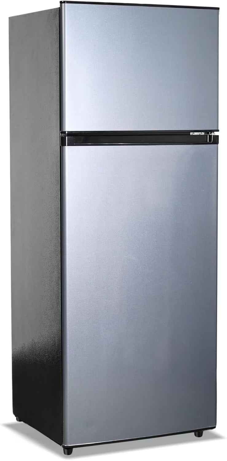 GGTB 3.5 Cu.Ft Fridge with Freezer, Double Door Refrigerator with 6 Level Thermostat, LED Light, Adjustable Glass Shelves for Bedroom, Office, Dorm, Apartment, Silver