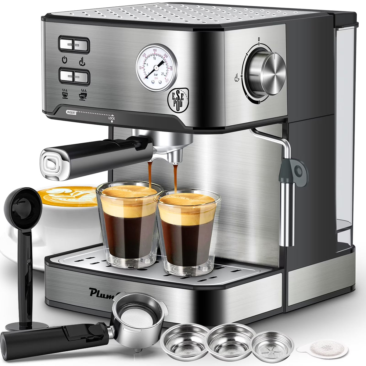 Plum Chef Espresso Machine, 20 Bar Coffee Maker with Foaming Milk Frother Wand, Espresso & Cappuccino Latte Maker Coffee Machine, 850W, 1.6L Removable Water Tank, Black&Silver