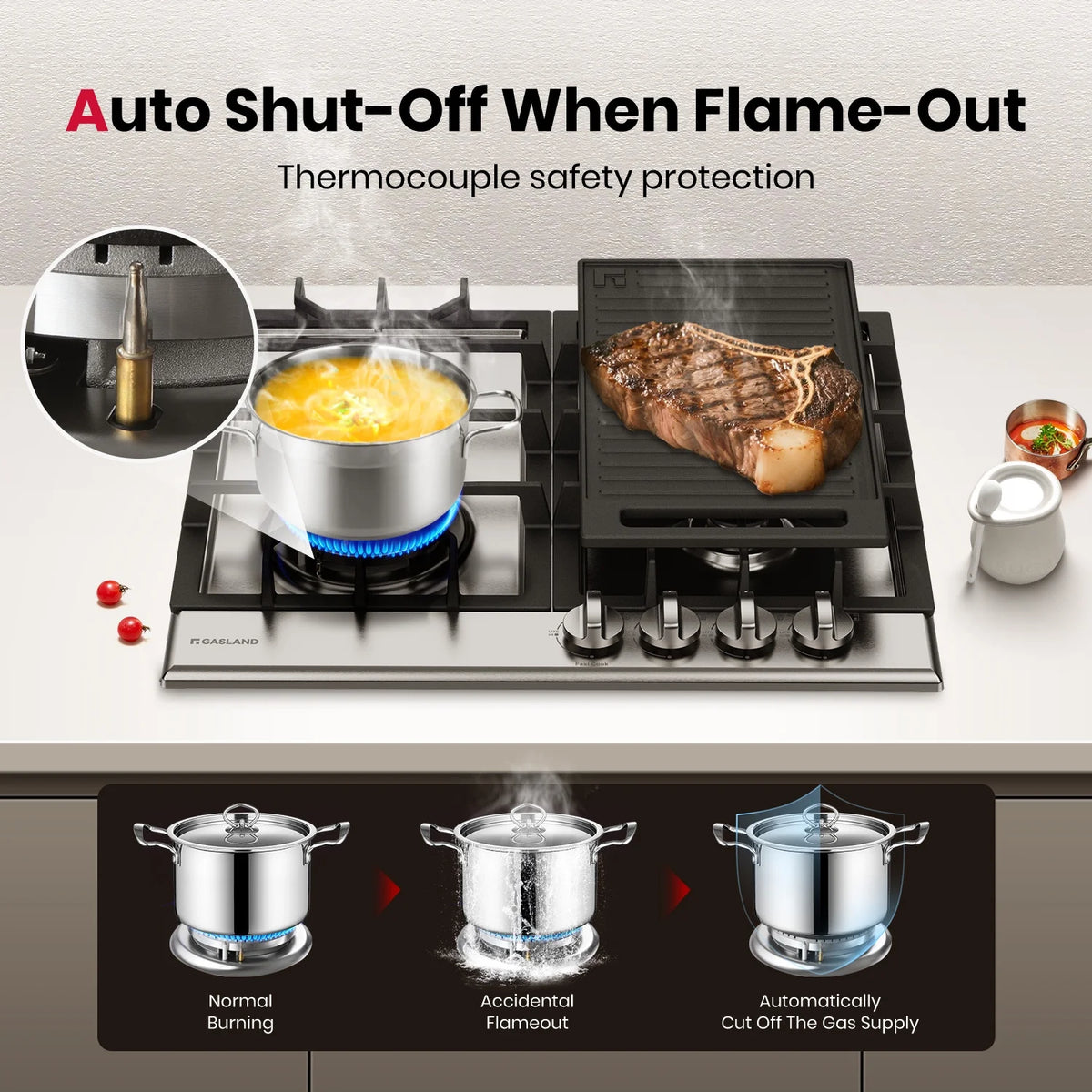 GASLAND GH60EF 24" Built-in Gas Stove Top, Black Ename Gas Cooktop with Griddle, 4 Sealed Burners, ETL
