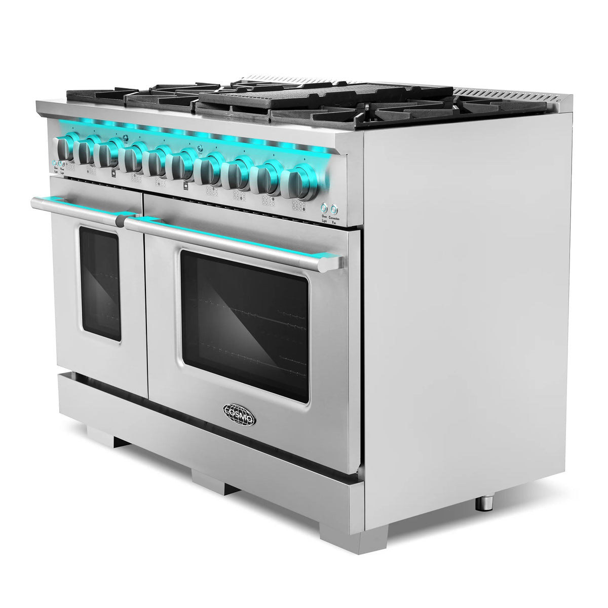 Cosmo 48 in. Lumin Collection 5.5 cu. ft. Double Oven Dual Fuel Range with 8 Burners, Cast Iron Grates in Stainless Steel