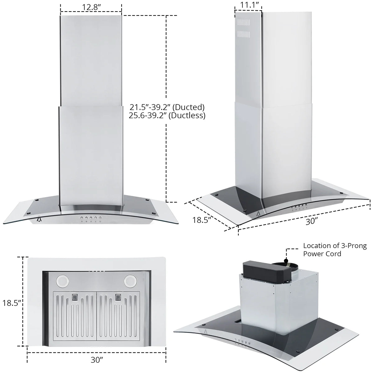 STRELECT 30 Inch Curved Glass Range Hood, 400 CFM Ductless/Ducted Convertible Stove Vent Hood with Chimney, 3 Speed Fan, LED Light, Button Control Vent Hood for Stove Kitchen