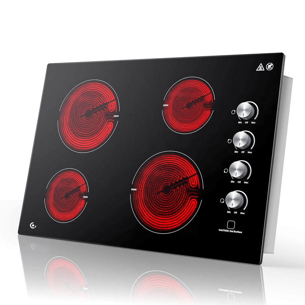 30 Inch Electric Cooktop 4 Burners, Sumaki Built-in Electric Burner with 4 Burners, 240V Power Control by Knob, 7000W Electric Stove with Hot Surface Indicator