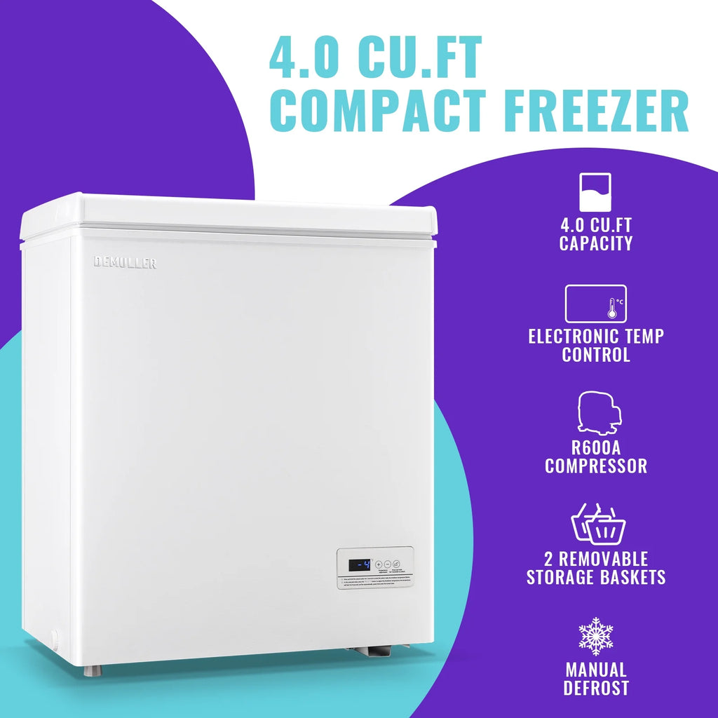 DEMULLER 4.0 Cu.ft Deep Freezer Top Open Door Compact Freezer with Two Removable Storage Baskets