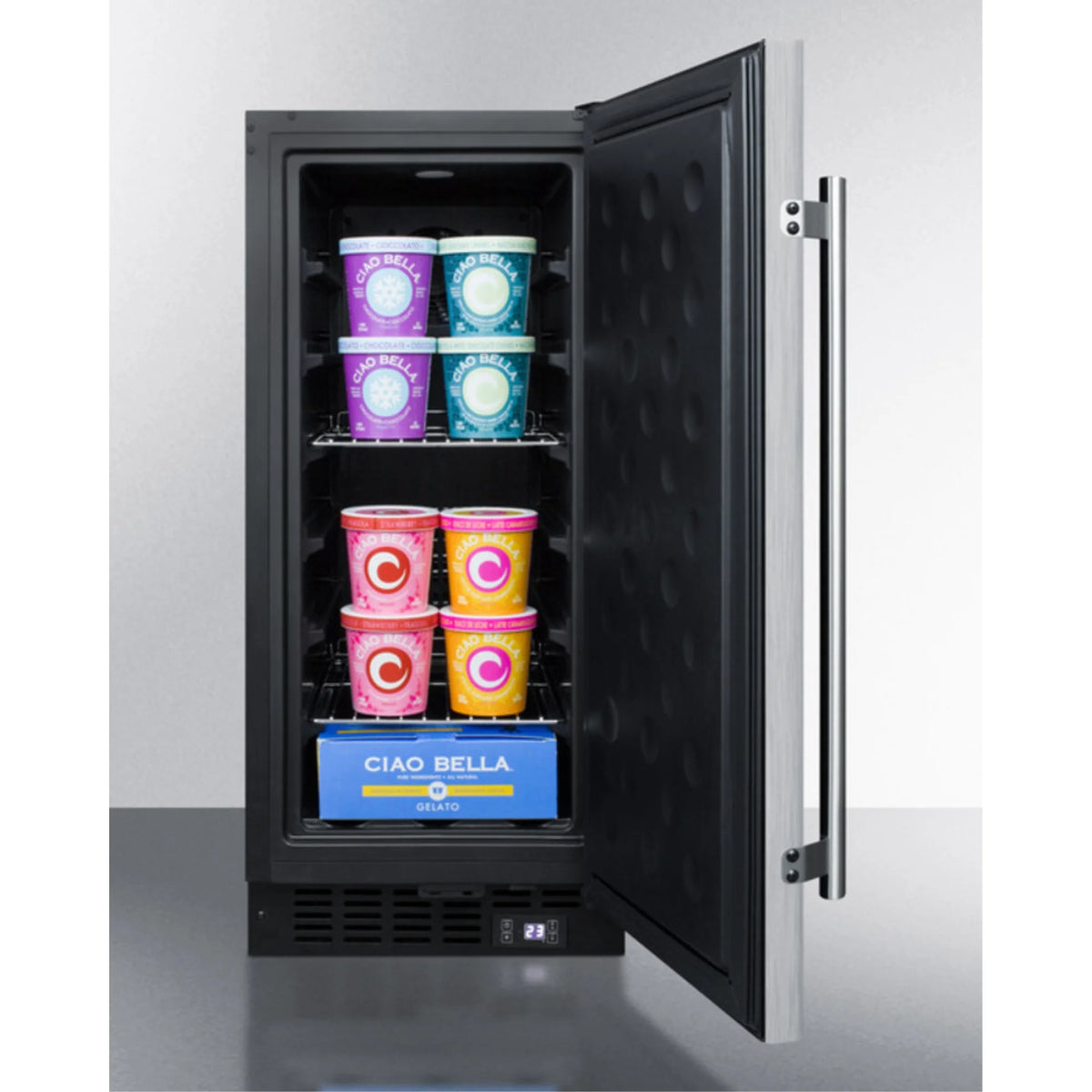 15" wide frost-free freezer for built-in or freestanding use, with stainless steel wrapped exterior, lock, and digital thermostat