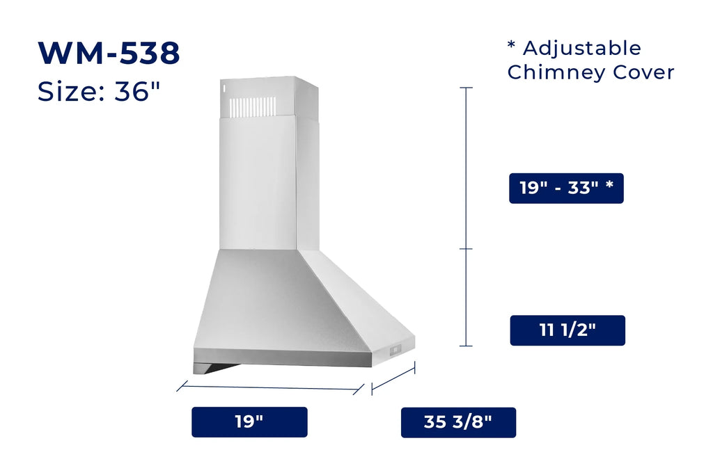 Hauslane Chef Series 36'' Stainless Steel Wall-Mount Range Hood 860 CFM, Touch Screen, Easy Clean Baffle Filters, LED Lamps
